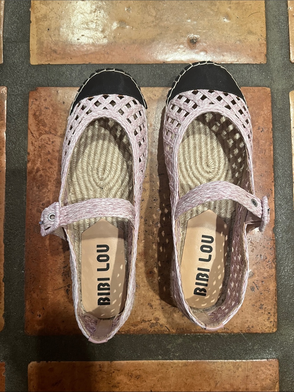 Bibi Lou Pink Woven Espadrille Mary Janes with Black Cap Toe never worn